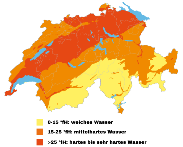 Wasserhärte-Karte der Schweiz zeigt hartes Wasser im Mittelland und der Ostschweiz über 25 Grad fH - Servicegebiet Bögli AG Haustechnik